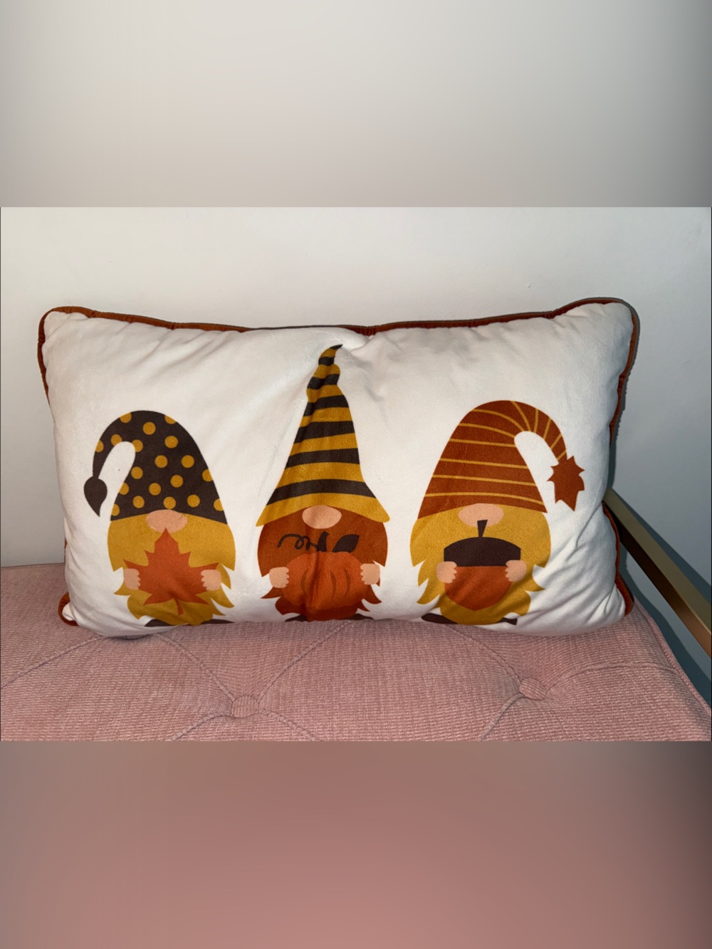 Fall Gnome Accent Pillow in White and Orange